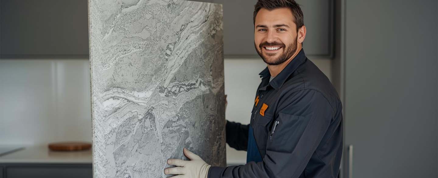 monteur-kuechenmontage-kuechenaufbau-natursteinarbeitsplatte-mann-header Männlicher Monteur der eine Natursteinküchenarbeitsplatte in eine Küche trägt