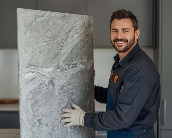monteur-kuechenmontage-kuechenaufbau-natursteinarbeitsplatte-mann-vorschau Männlicher Monteur der eine Natursteinküchenarbeitsplatte in eine Küche trägt