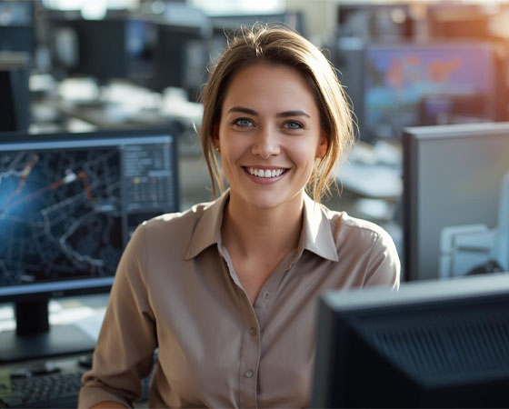 Disponentin freundlich lächelnd bei der Arbeit an ihrem Compuer mit Sonnenlicht im Hintergrund