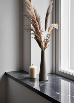 Innenfensterbank aus dunklem Naturstein und minimalitisch dekoriert
