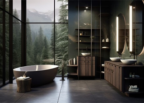 badezimmer mit panoramafenstern zum wald und natursteinfliesen