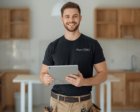Aufmasstechniker lächelt freundlich mit Tablet in der Hand