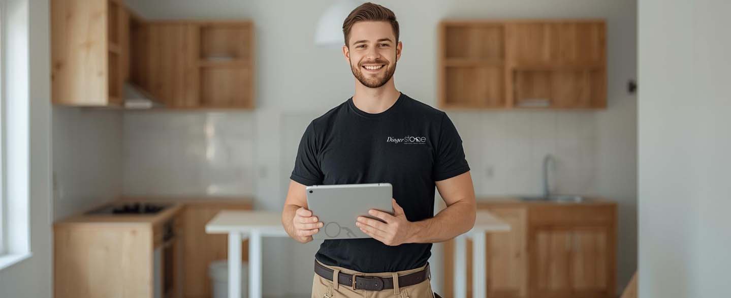 aufmasstechniker-in-tablet-kueche-handwerker-arbeitshose Headerbild einer Stellenanzeige mit freundlich lächelndem Handwerker der ein Tablet in der Hand hält