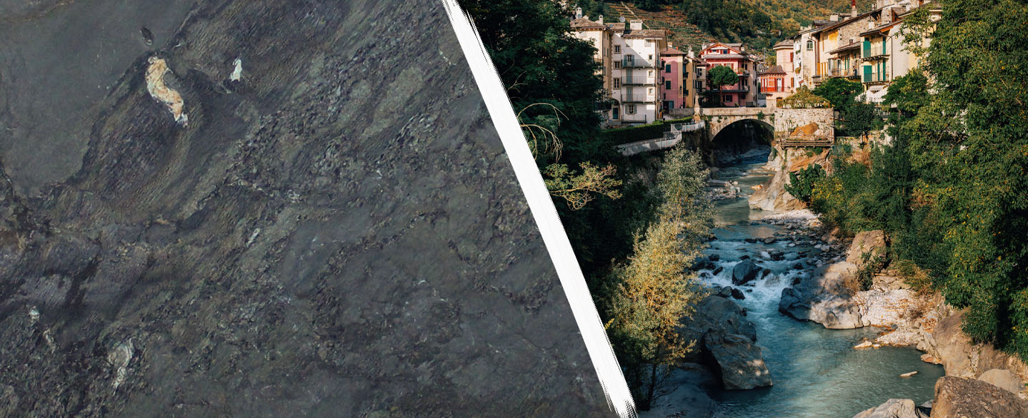 Gesplittetes Bild von Nahaufnahme Alina Nera, rechts der Entstehungsort Lombardei, Italien