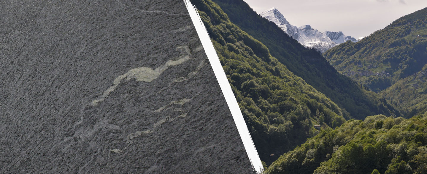 Bild gesplittet: links nahaufnahme naturstein Onsernone, rechts Tessin Schweiz