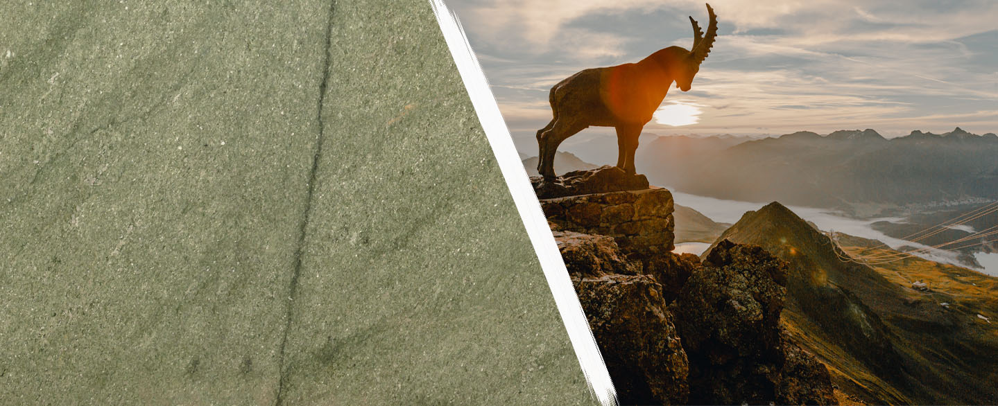 Bild gesplittet: links nahaufnahme naturstein Verde Andeer, rechts Graubünden Schweiz