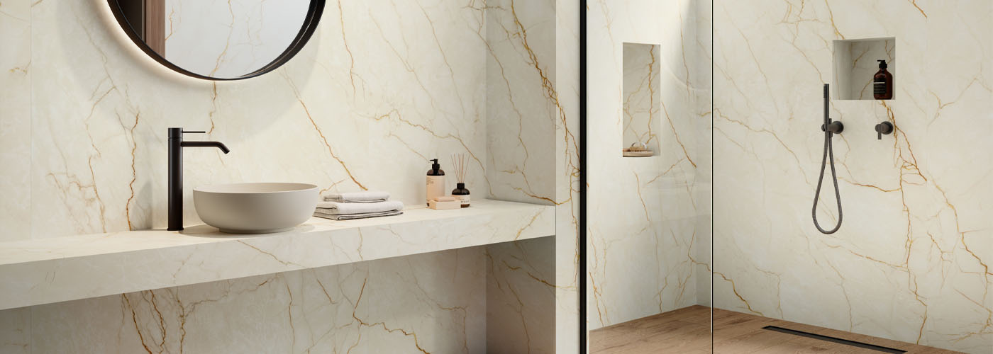 Badezimmer in Marmoroptik komplett aus Keramik Venetia Gold