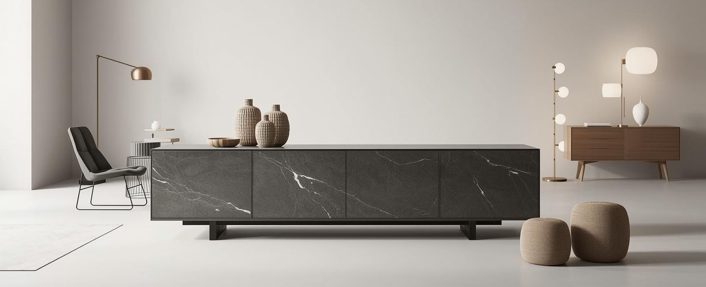 moebelfronten-sideboard-wohnzimmer-minimalist-ikonisch Minimalistisch eingerichtetes Wohnzimmer mit Sideboard aus marmorierter Keramik auf Platte und Fronten