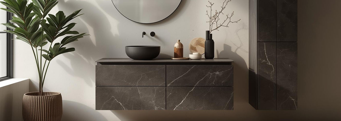 Badezimmer mit dunklem Waschtisch und Schrank materialgleich