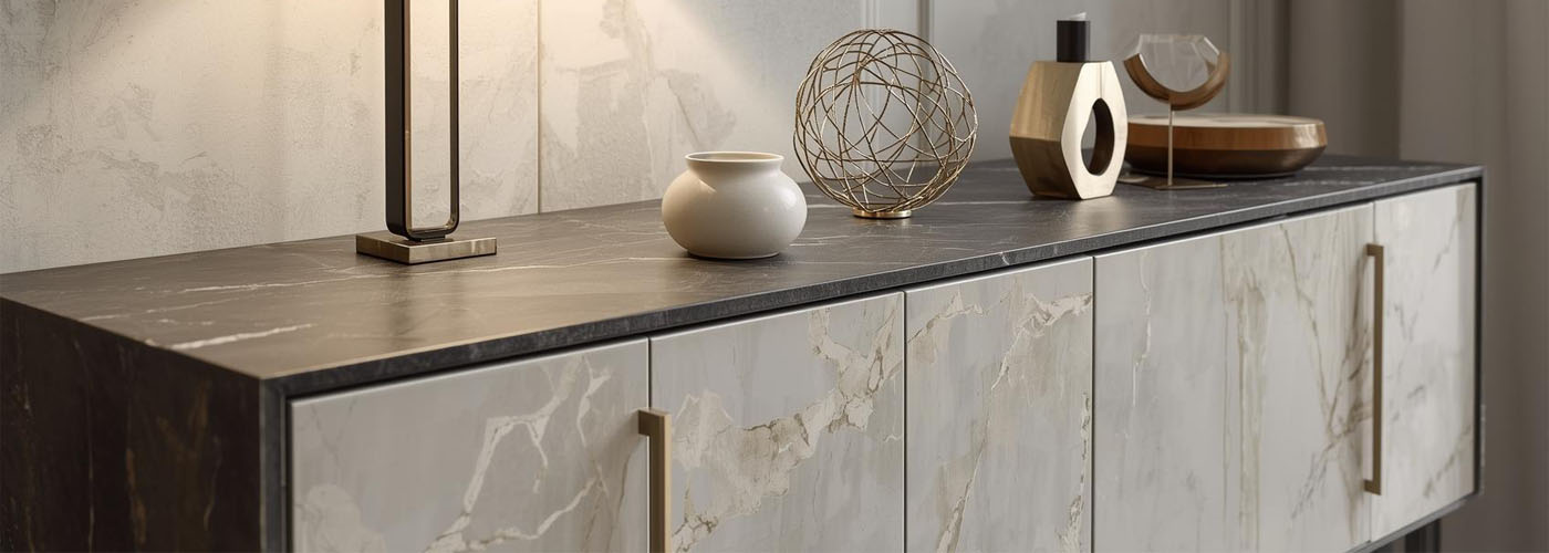 Mit Keramik verkleidetes Sideaboard, minimalistisch dekoriert