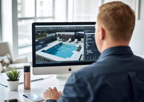 poolplanung-cad-zeichnung-poolvisualisierung-mitarbeiter-technischezeichnung-poolbau Mann erstellt CAD-Planung eines Pools an einem Computer im Büro