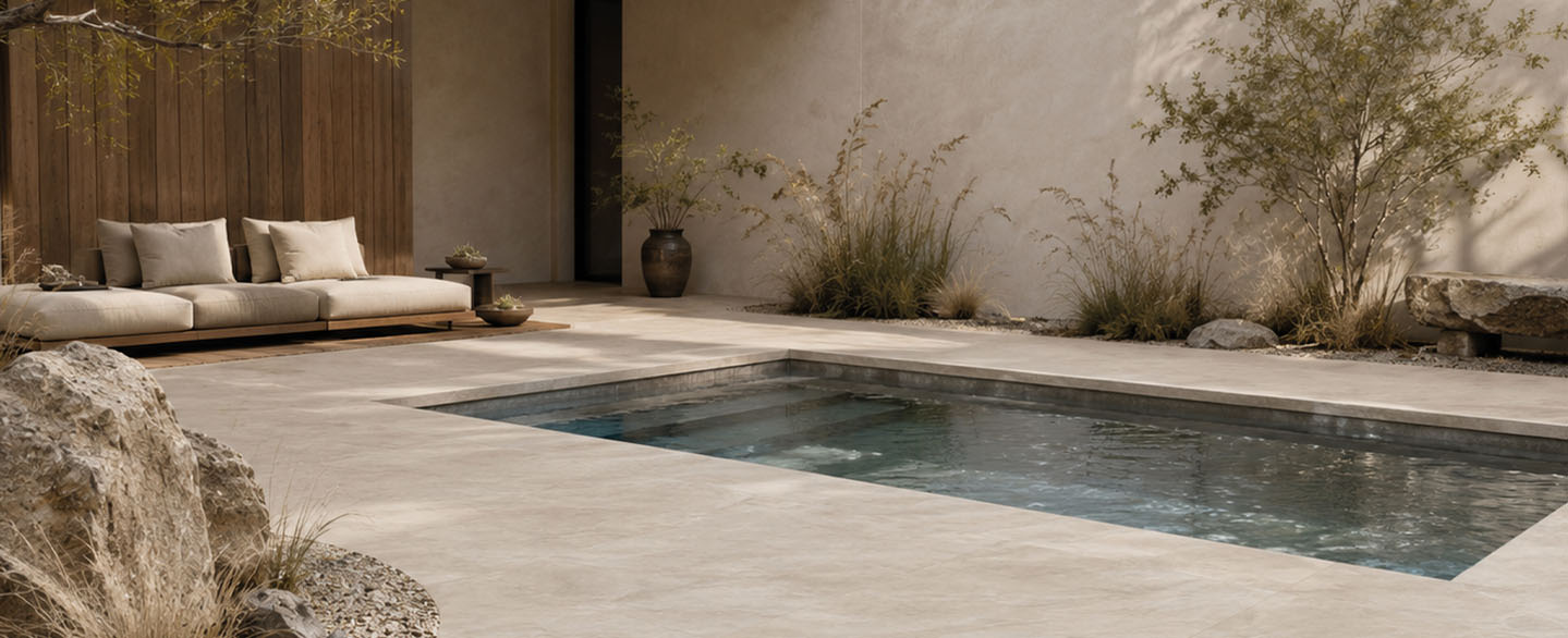 garten-terrasse-pureto-riosand-aesthetic-japandi-wabisabi Terrasse mit Lounge und Poolbereich im mediterranen Stil mit beigen Terrassenplatten