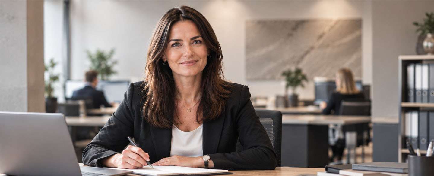 leitung-vertriebsinnendienst-frau-buero-fuehrungskraft-header Leitung im Vertriebsinnendienst: Frau mit Stift am Schreibtisch